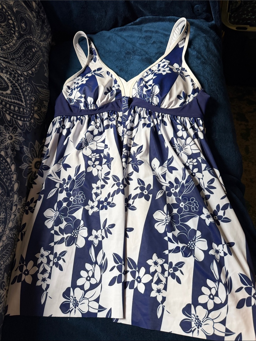 Source Unknown Navy and White Floral One-Piece Swim Dress